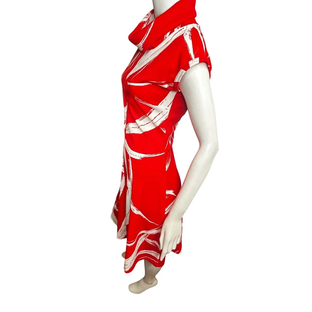 Vintage 70s Dress Red Abstract Cowl Neck Small